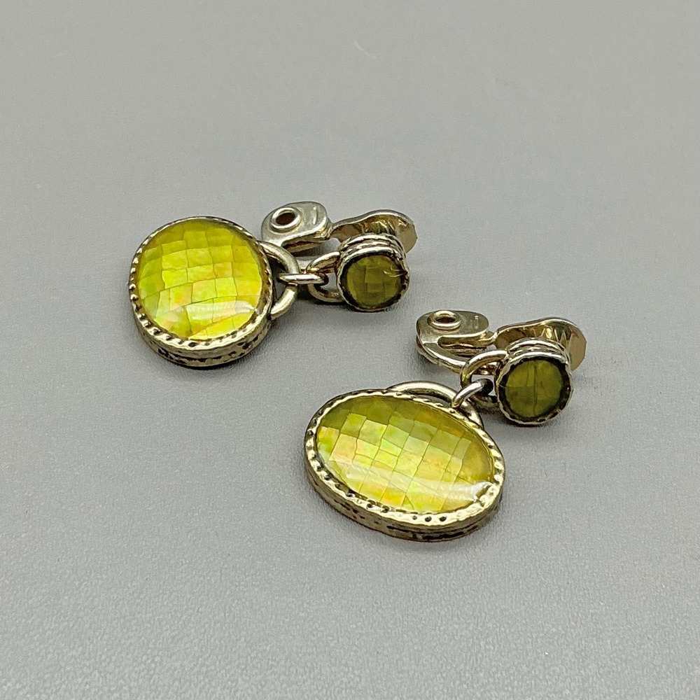 Monet Earrings Green Mother of Pearl Clip On Dangle Gold Tone Signed 1.25"